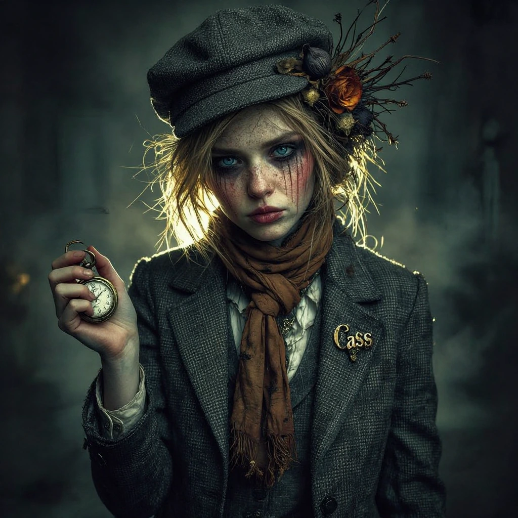 A hyper-realistic, medium-sized cinematic portrait of an androgynous figure with striking blue eyes, skin dotted with numerous freckles and traces of dark make-up running down their cheeks, like tear streaks. Their gaze is tragic and accusatory. She