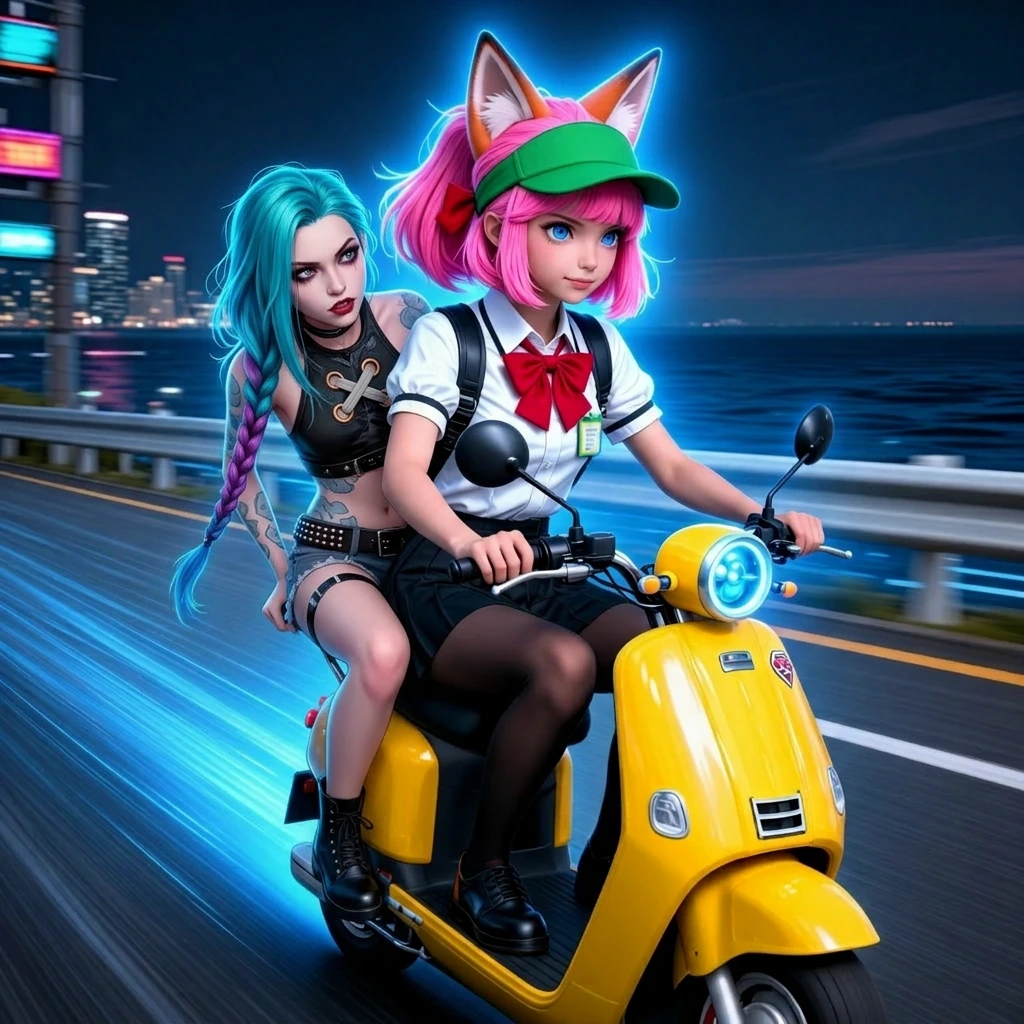 put the blue hair girl onthe back of the scooter so they are riding together