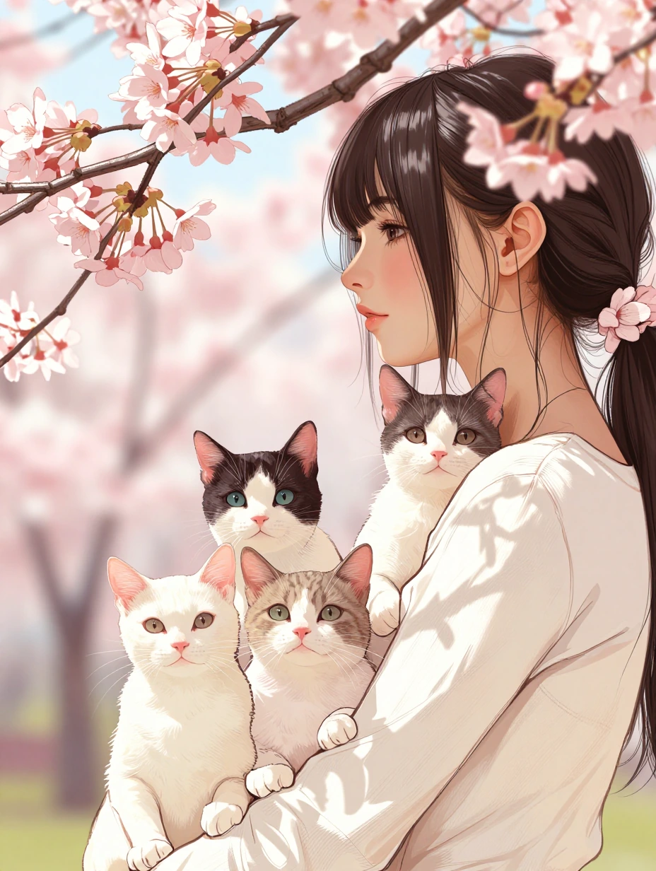 Closeup Cherry blossoms, one woman with four cats, sunny skies, ink outlined photography
