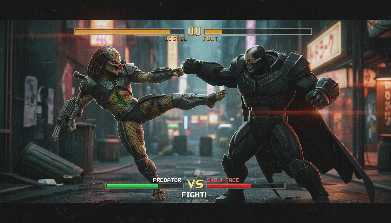 Streetfighter 2 style fight between the Predator Alien Hunter and the Skull-faced black armoured hyper-muscular super-criminal