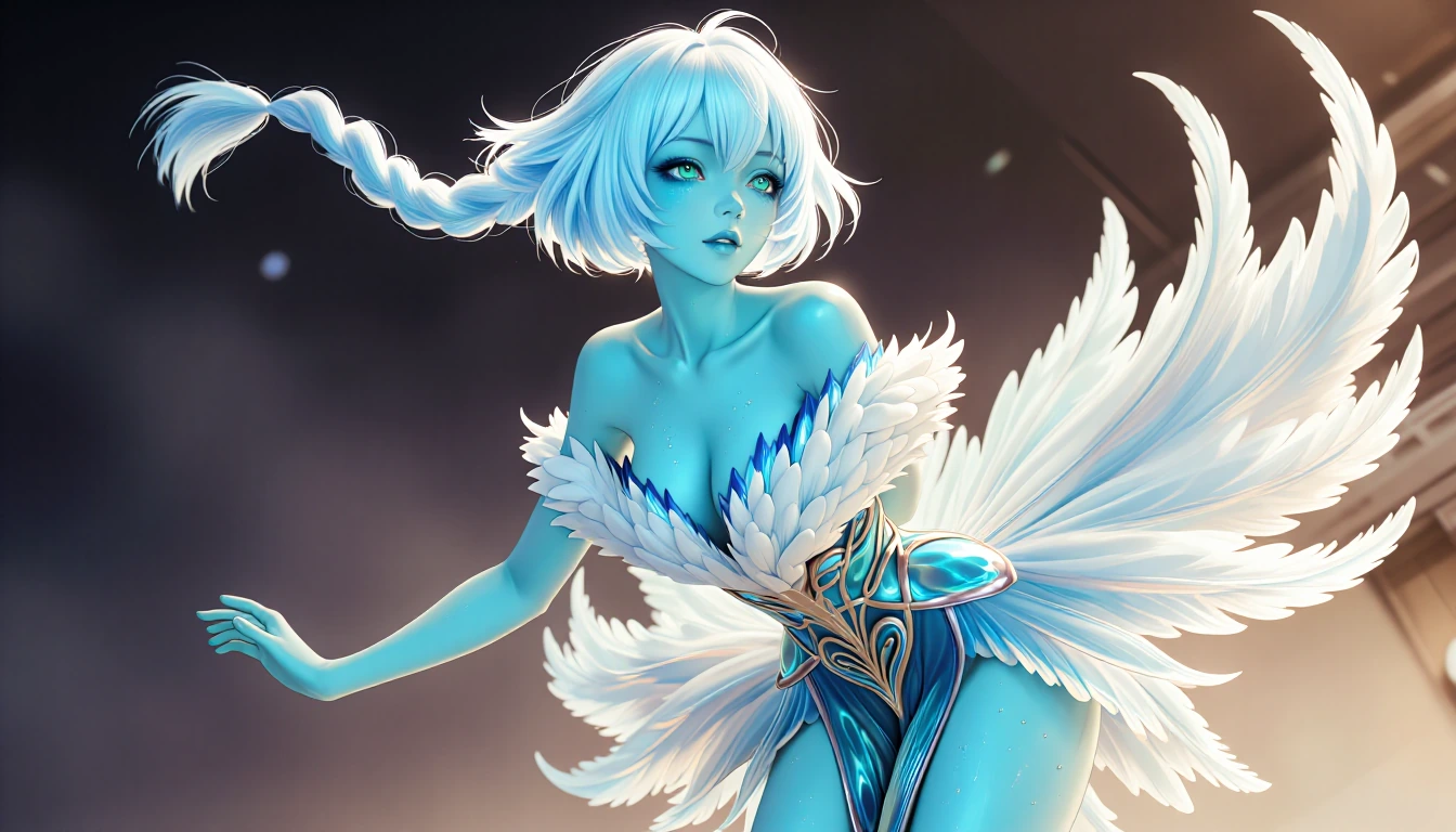 Ethereal android femme fatale with alabaster-blue luminescent skin, striking heterochromatic eyes—one sapphire, one emerald—framed by dramatic shadow, porcelain-delicate features, sharp pronounced cheekbones, full lips with subtle shimmer, cropped pl
