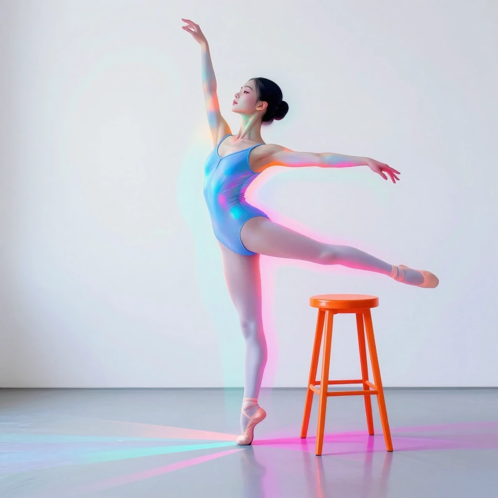 flat vector realism illustration, graceful ballet dancer in iridescent powder blue leotard with chromatic aberration edges, porcelain skin emanating s