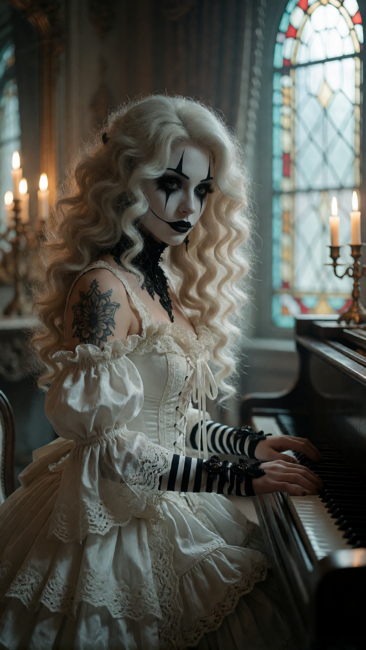 Dark Fantasy, Vintage, ultra detailed portrait of an elegant gothic harlequin woman playing a grand piano inside a candlelit aristocratic mansion. Bea