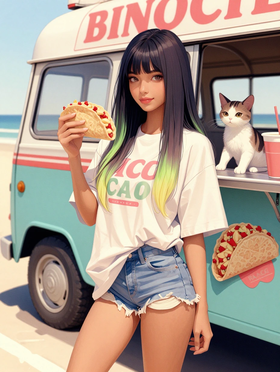 A beautiful sweet woman with long straight ombre hair in springtime colors, at a beachfront taco bus with a cat, holding a taco, watercolor manga style, beautiful pose. Oversized Tshirt and cutoffs.