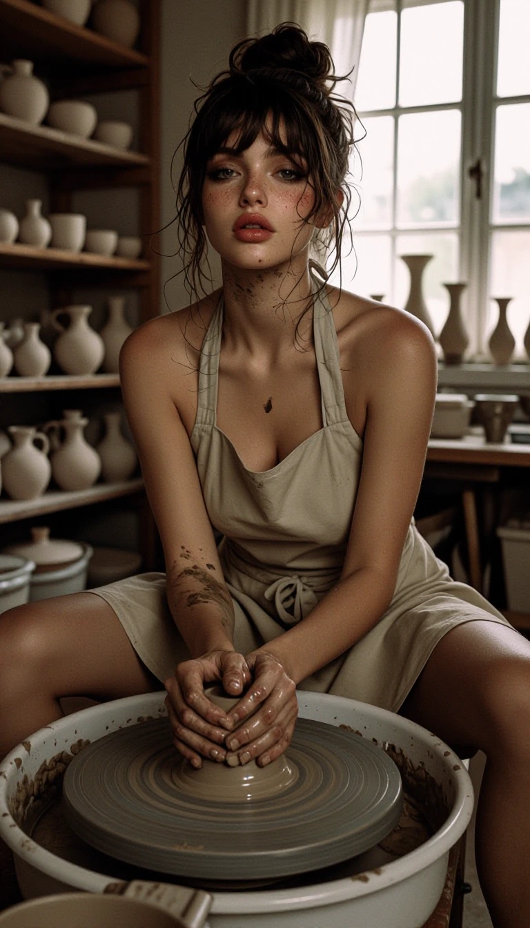 Portrait photo of a beautiful young woman, 20 years old, wearing a simple pottery apron tied around her neck and waist in a cozy rustic pottery studio
