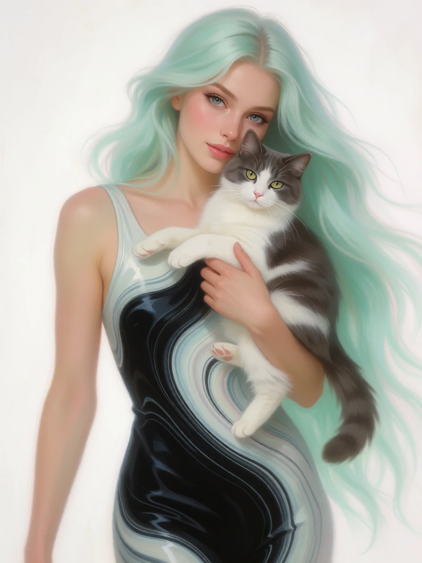 Beautiful woman with long flowing mint hair, with her cat, sleek jumpsuit with swirled, black and white colors. Artistic quality, ethereal, pastel painting style, beautiful, white background