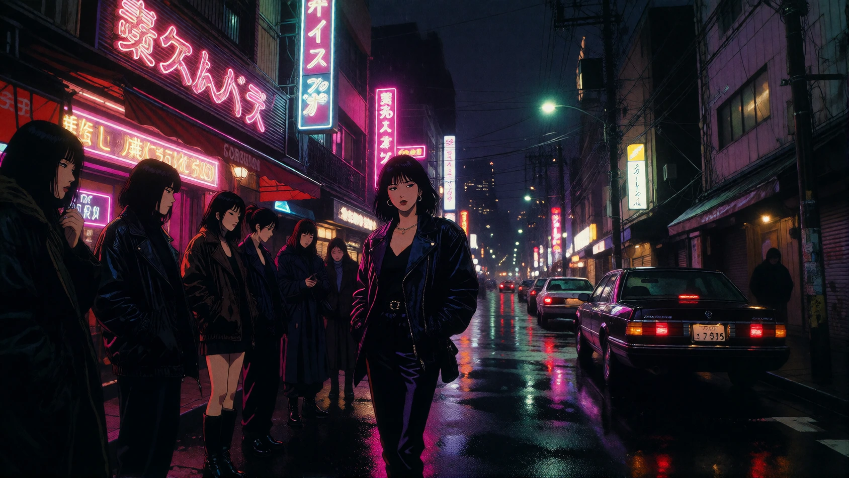 16:9 keyframe, high-grade illustration mixed with raw hand-drawn animation and 90s neo-noir anime style, bold imperfect black outlines, heavy atmospheric grain, --sref 3149306443 1744874945 3636904454 A cool, auteur nighttime shot outside a stylish c