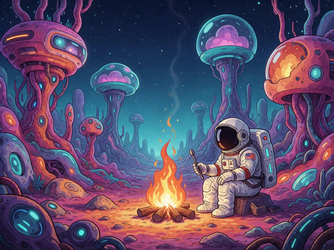 an astronaut's first campfire on a new futuristic colorful weird shaped world