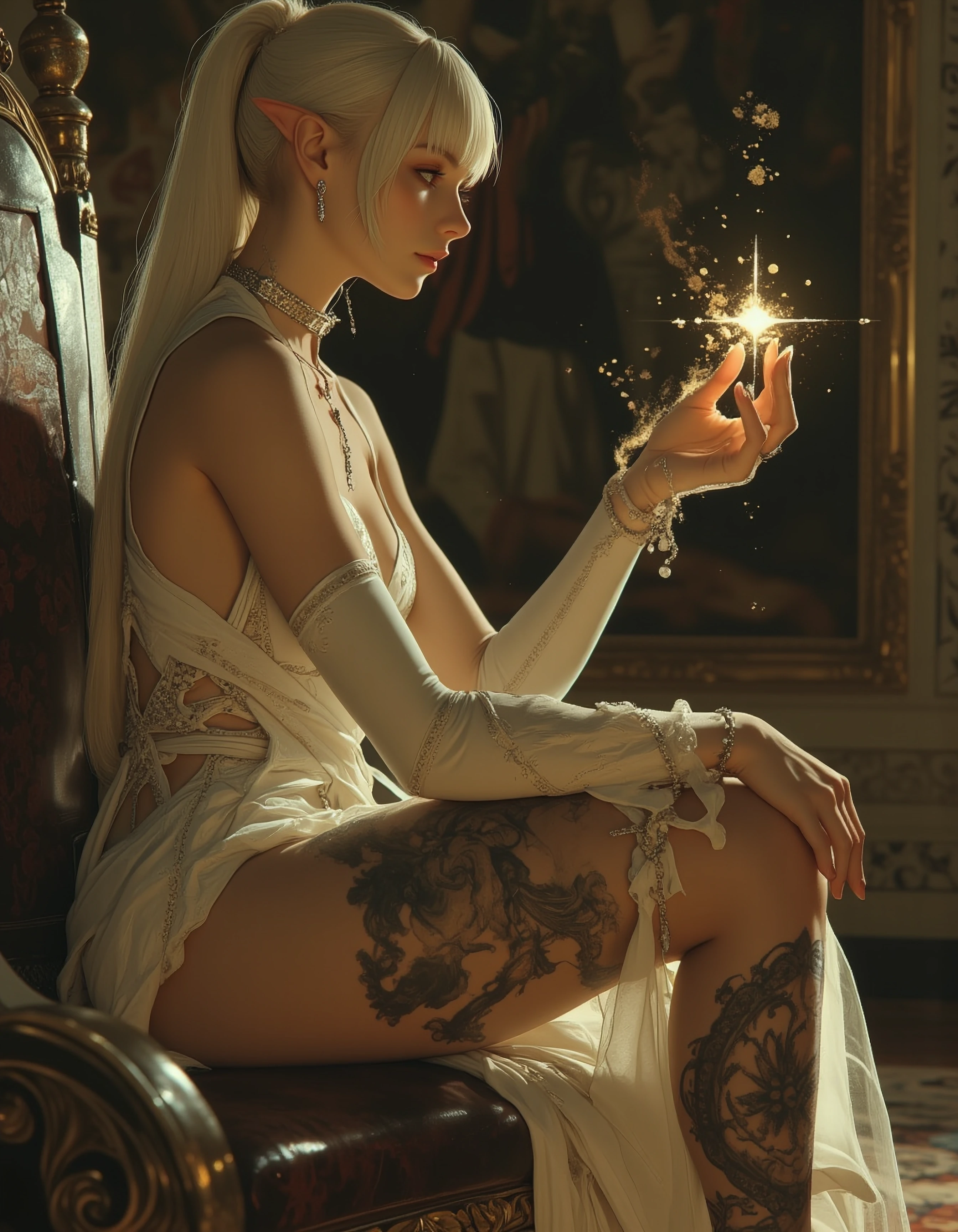 Hyper-realistic portrait, low angle shot from below, ,side shot, a high-resolution, realistic fantasy image of a ethereal young female elf in profile 
