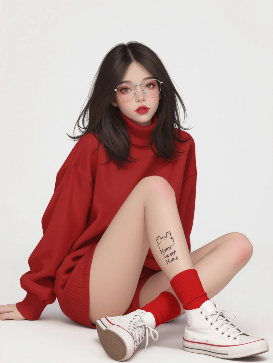 Photograph of a young nerdy bookworm cute female with pale skin and dark brown, shoulder-length hair sitting on a white floor against a plain white background. She is wearing a red, long-sleeved, oversized turtleneck dress that reaches mid-thigh, red