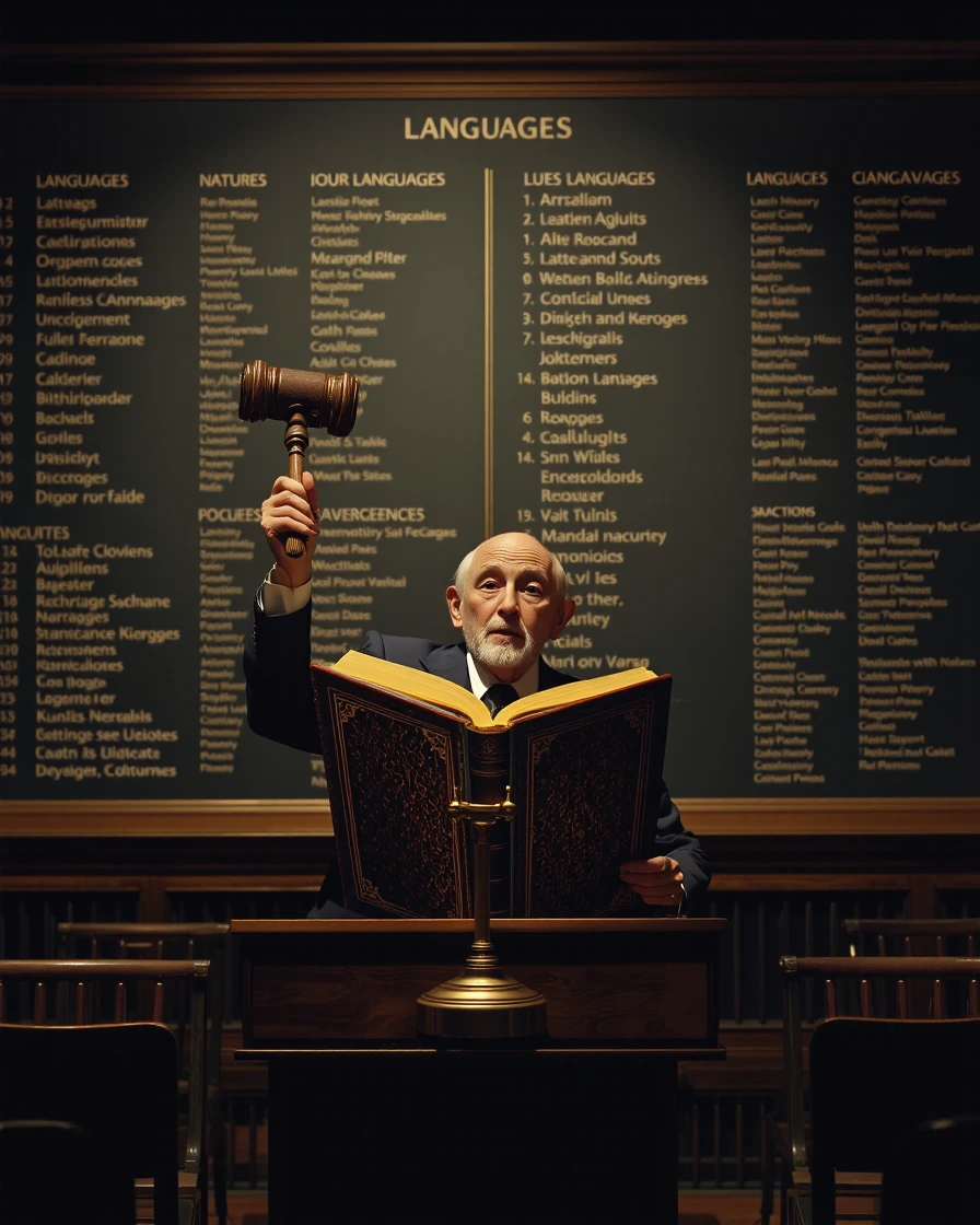 An elderly auctioneer in a dimly lit antiquarian auction house, standing behind a wooden podium under a single brass lamp, holding aloft a weathered leather-bound manuscript with yellowed pages visible at its edges. The gavel in their raised hand is