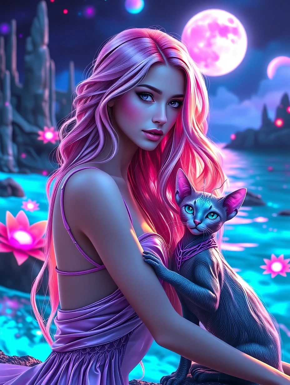 Beautiful woman, lavender pink platinum, iridescent hair, sitting beside an iridescent ocean, moonlight, alien landscape with beautiful glowing flora. With an alien cat that has an antenna.