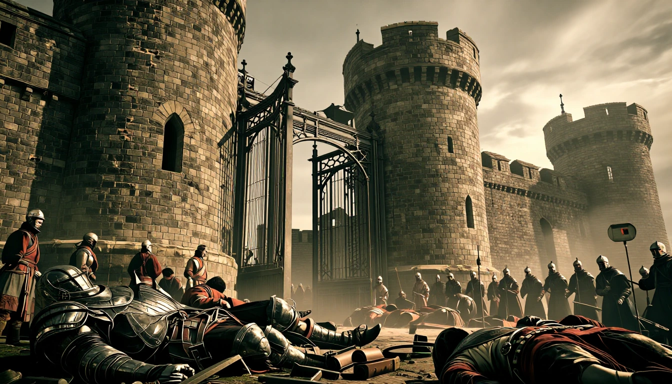 A castle after a siege has been broken, the bodies of the noble defenders lie amongst the fallen alo…