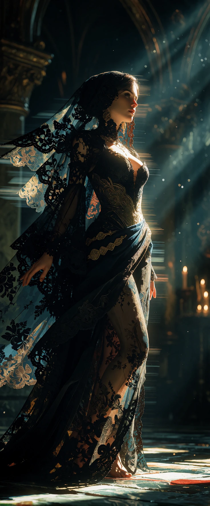 An ultra-detailed cinematic 8K wide shot capturing a figure gliding across a dimly lit obsidian chamber. She wears a cascading gown of translucent she