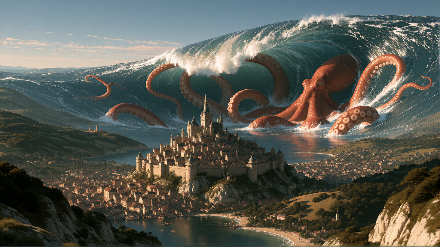 Kraken Rising; An Hyper-Realistic Aerial Shot of an Early Renaissance Era Walled City perched upon an idyllic lake. From the lake rises a massive Tsun