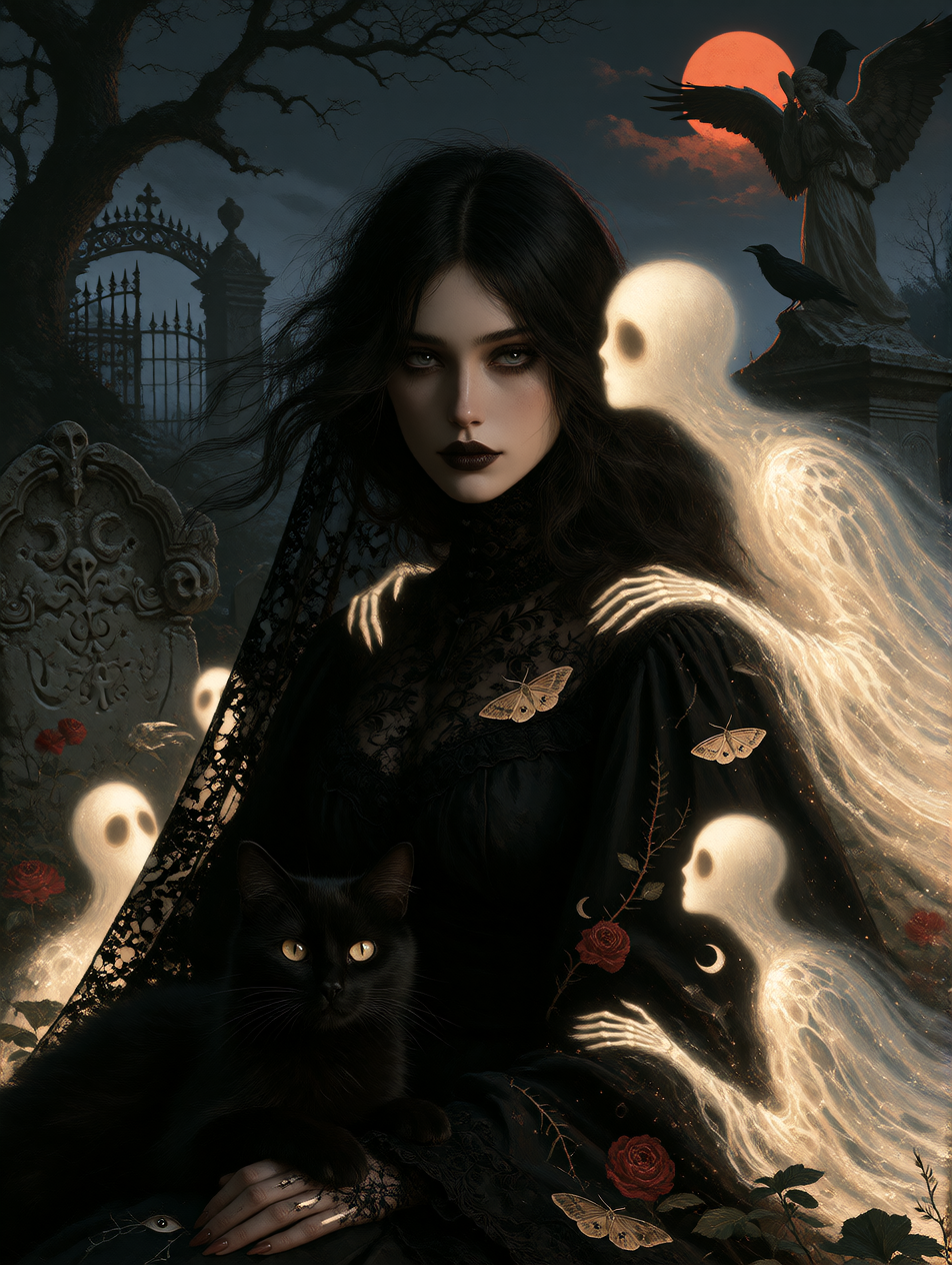 Dark, haunting, surreal close-up portrait of a beautiful goth woman in an ancient cemetery at midnight, with a folk-art influence. Low-key lighting wi