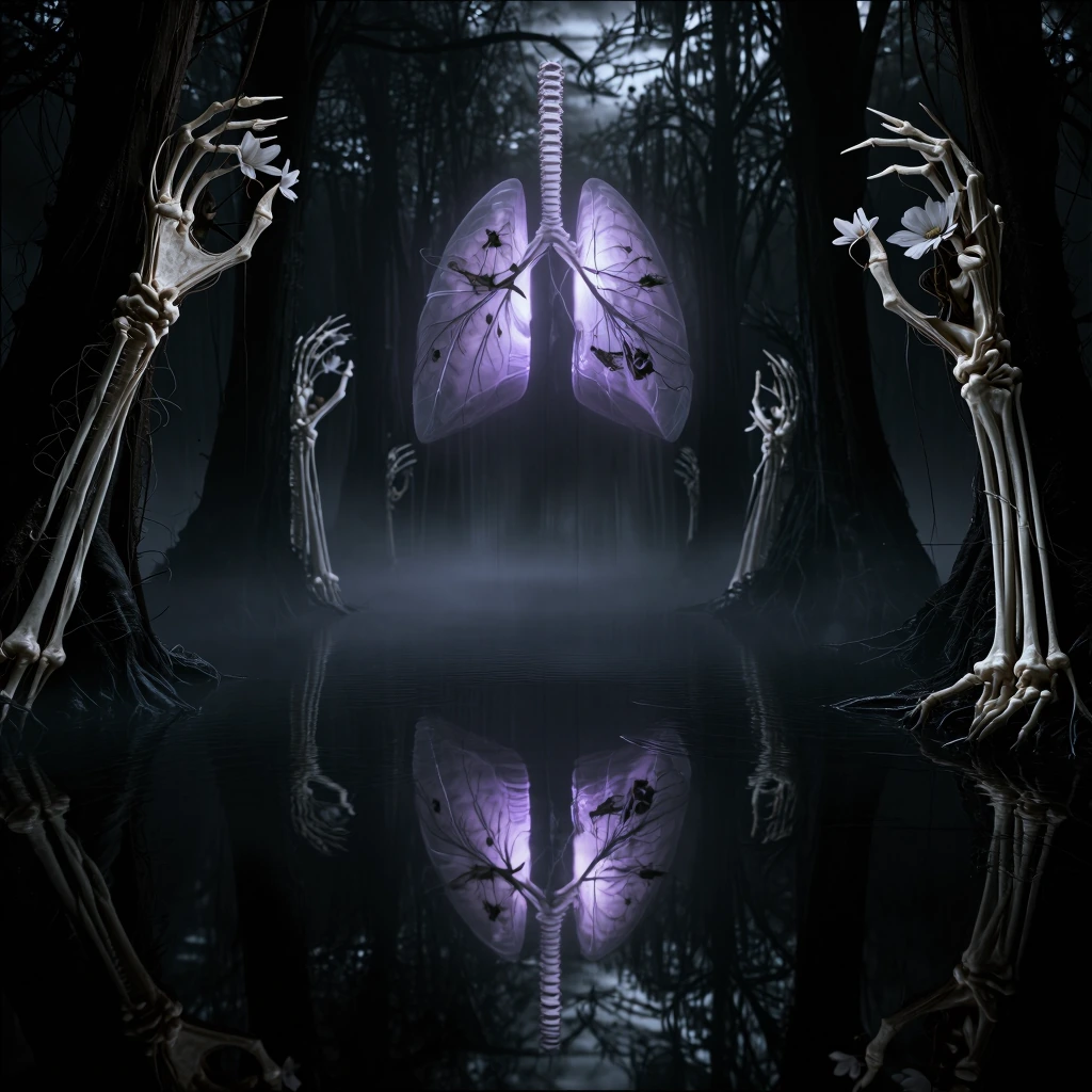 Cinematic masterpiece, 8k, dark romanticism. A vast, moonlit swamp at night, shrouded in thick, bioluminescent fog. From the black, stagnant water rise not hands, but elegant, skeletal branches made of human ribs and spine, reaching upwards. They blo