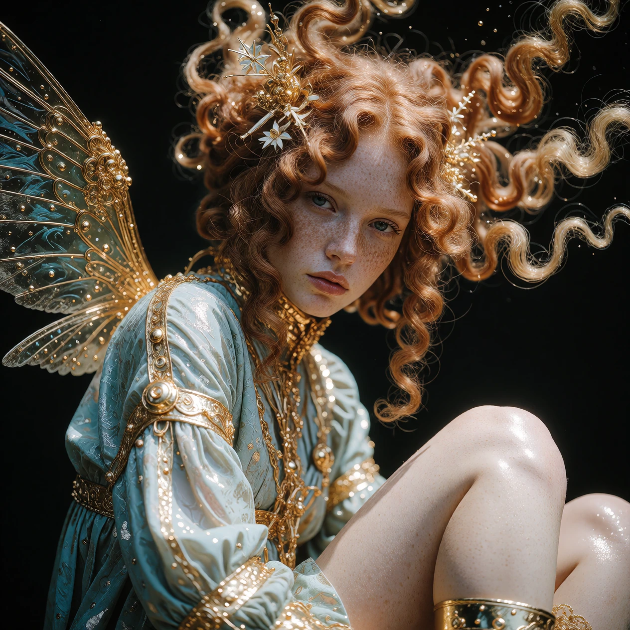masterpiece, highquality, highres, upper body view, looking at viewer, dynamic angle, 1woman, floating, curls, extreme long hair, ginger hair, confide