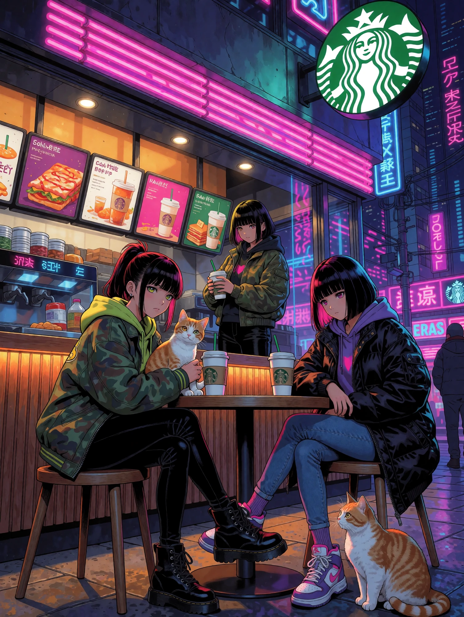 Neon cyberpunk world. Three women with their cats how many coffee at a futuristic Starbucks. Illustrated