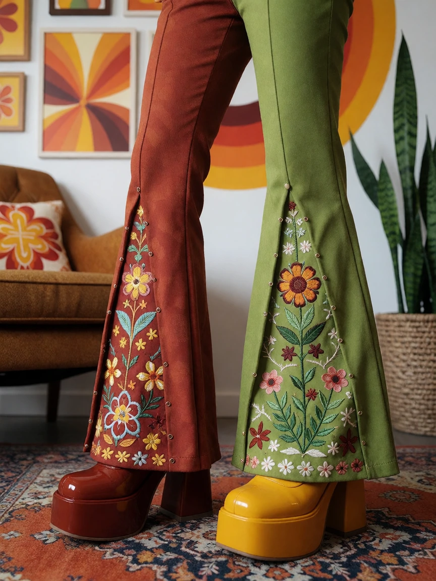Surreal, bellbottoms with embroidery inserts on the bells,platform shoes, 70s colors, 70s decor