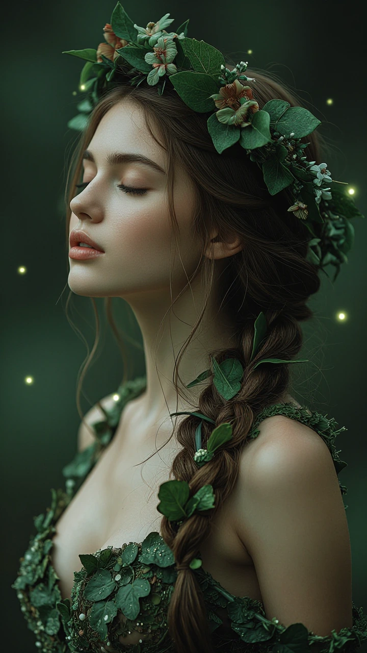 Fantasy-inspired ethereal portrait of a young woman nature spirit/forest nymph, close-up head-and-shoulders composition, eyes closed and lips slightly parted with a serene expression, smooth luminous skin with subtle fairy-dust sparkles on the cheekb