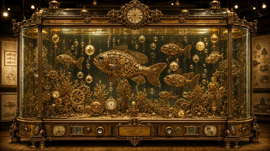 Giant Victorian brass aquarium rendered as a cross-section, filled with swirling amber liquid suspended in time (objects frozen mid-fall), mechanical fish constructed from interlocking pocket watch components with exposed gears visible through transl