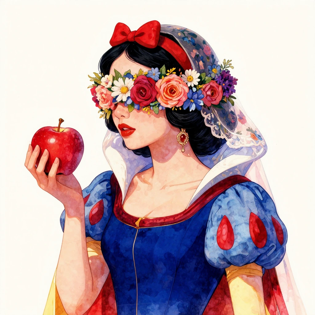 Beautifully rendered digital artwork or watercolor-style illustration, evoking a fairy-tale aesthetic with a twist. It's a vertical portrait focusing on a young woman who strongly resembles Snow White from the classic Disney tale, but with surreal an