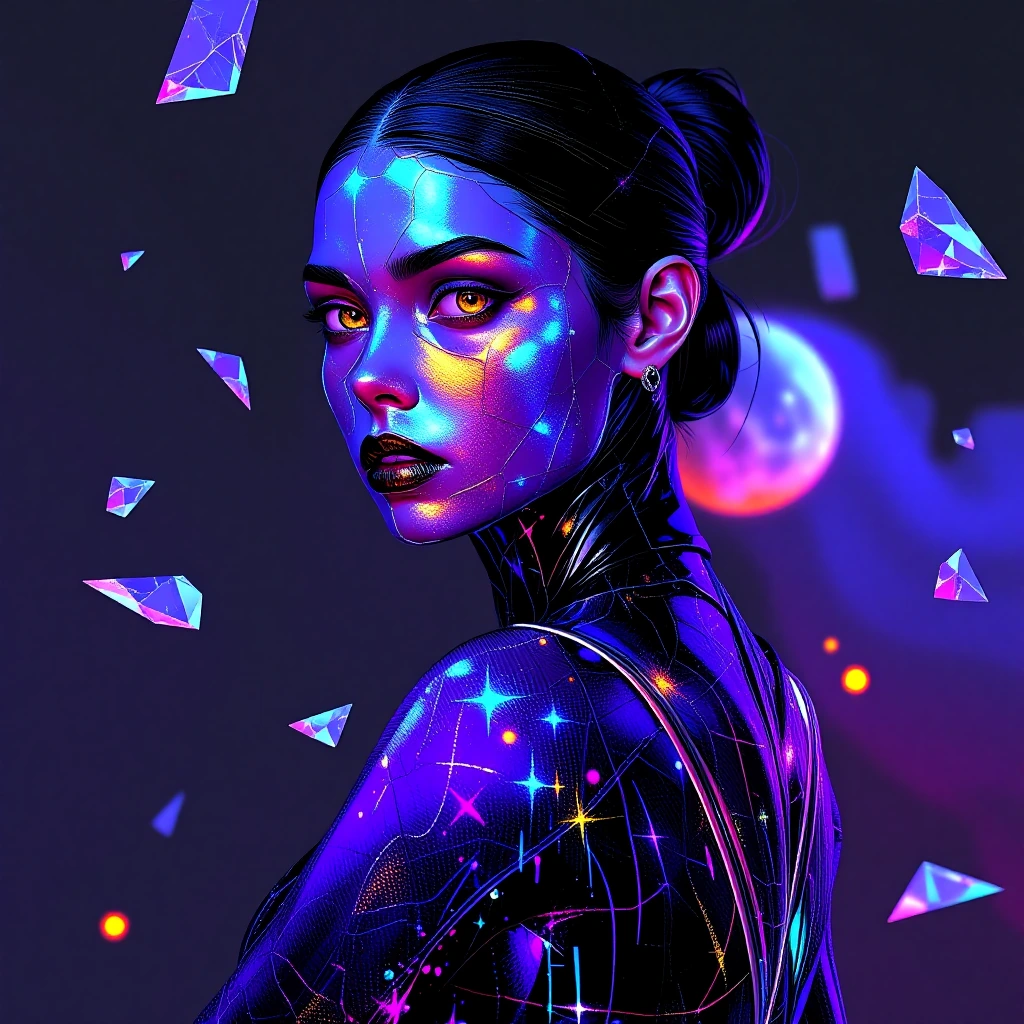 A woman with iridescent skin that shifts between deep purples and electric teals, her form slightly translucent and fractured like broken glass or oil