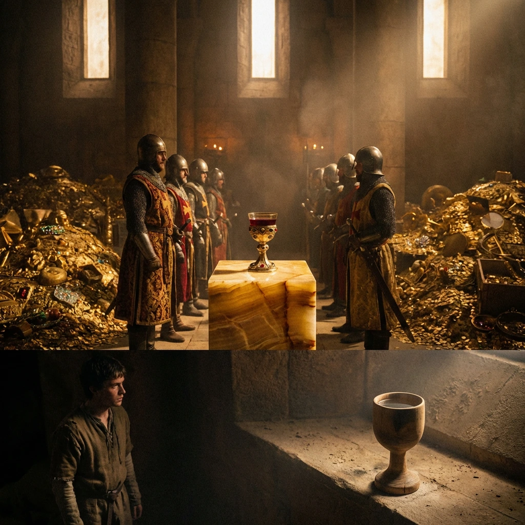 An ancient temple housing piles of gold and jewels. Resting on a plinth of golden veined Onyx is the False Grail full of a Red liquid. Arrogant knights line up to sip from the false grail. But in a corner one lowly squire spies a simple wooden goblet