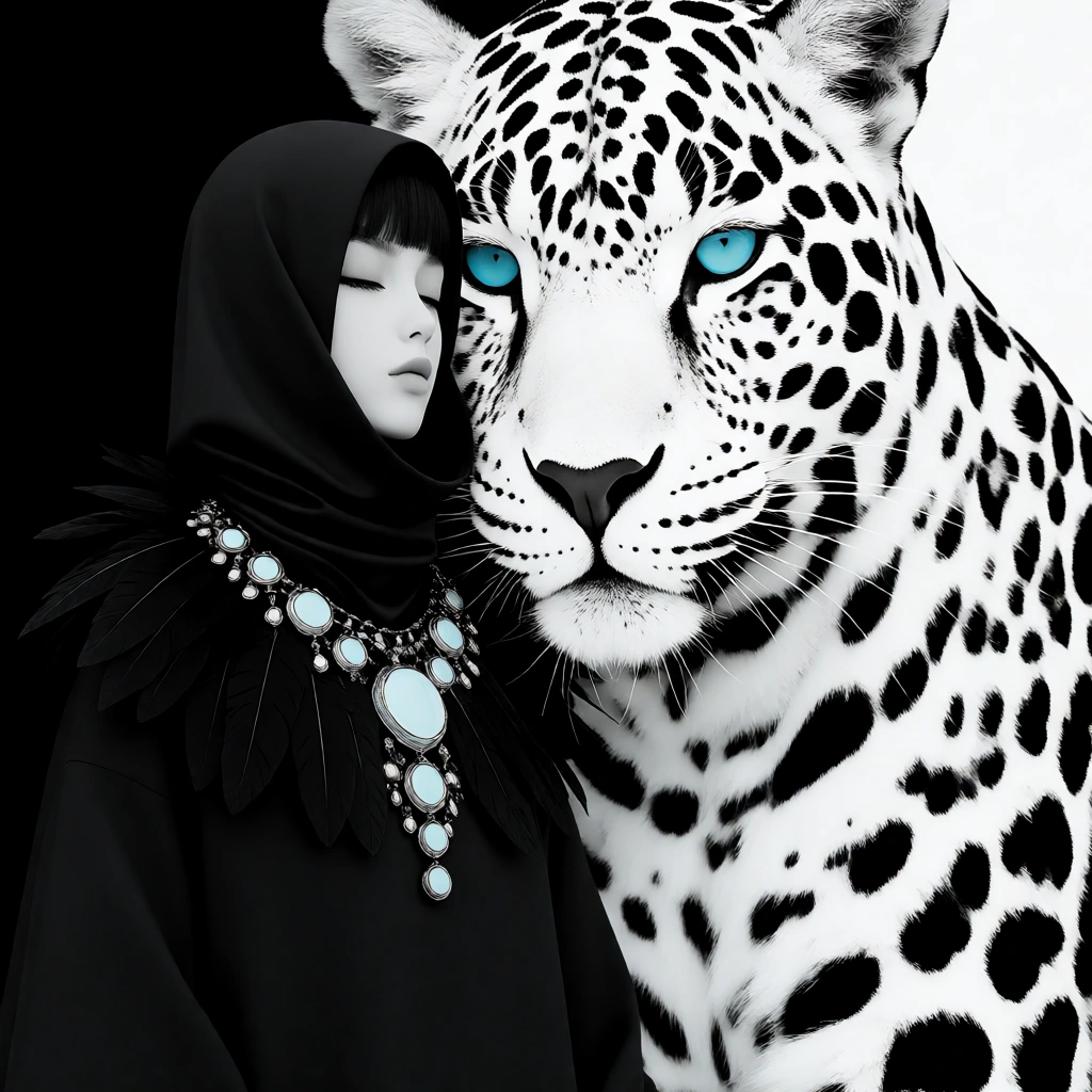 masterpiece, very aesthetic, best quality, highres, newest, monochromatic anime illustration of an androgynous figure in a sculptural matte black hooded garment silhouettes rising from the cowl, the figure's face calm and eyes closed, pressed cheek-t