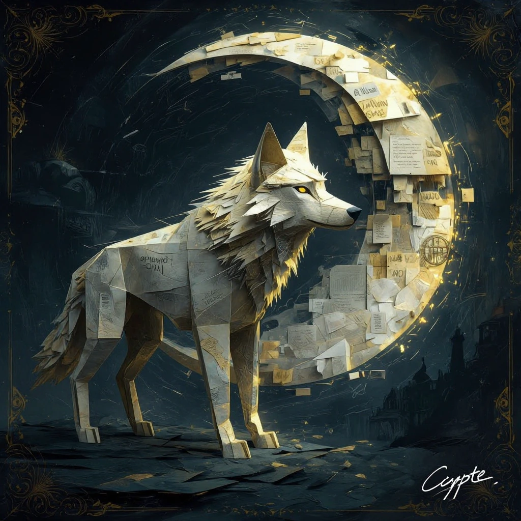 Art purifies our souls from the darkness of everyday life… It is in this spirit that we have created a striking, expressive and sombre image, in the poetic and sombre style and atmosphere of #Crypte on the theme" "an origami wolf guarding a paper moo