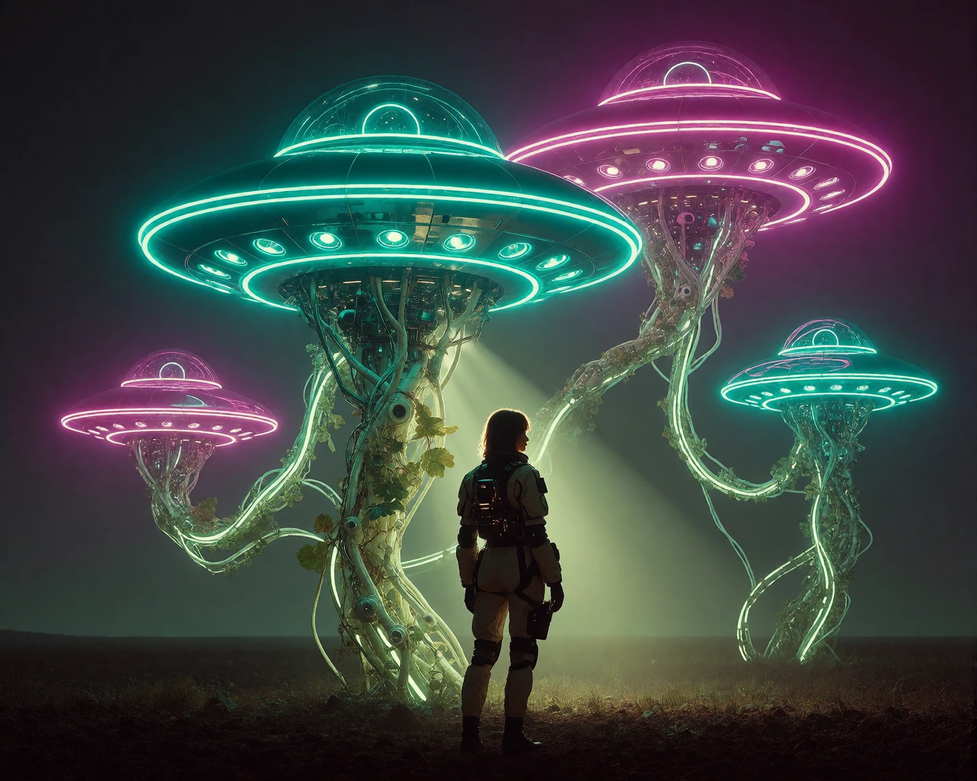 Futuristic combat-ready woman in tactical gear standing in a dark barren field, neon 3D UFO’s of electric cyan and magenta floating horizontally at staggered heights above her, connected by writhing bioluminescent tendrils—organic vine-like forms tha