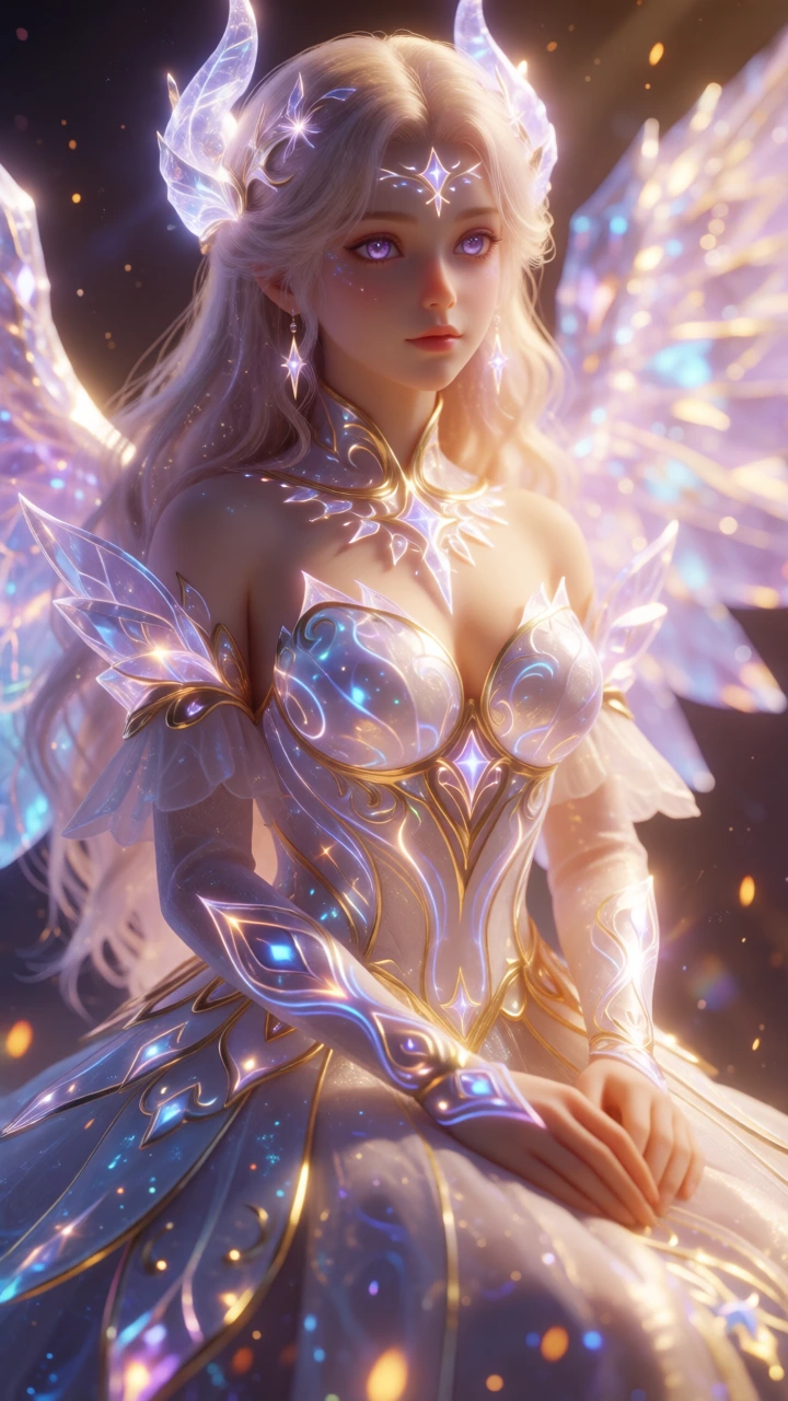 Ultra-realistic, 3D, UHD, 8K Image of an Interactive 3D Model of a Fire, Ice, and Crystal Angelic Princess. [Design Details]: Her glowing skin and eye
