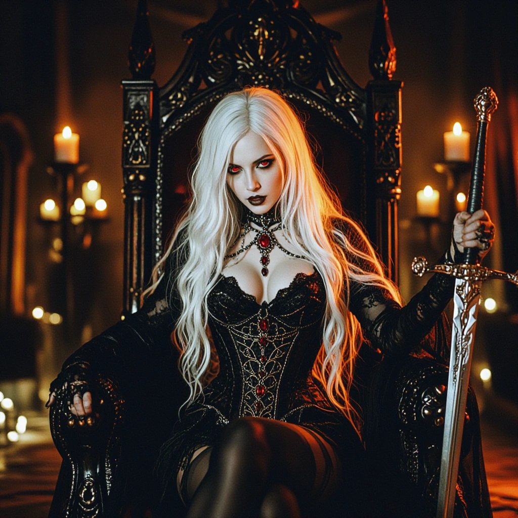 Image is a digital fantasy artwork featuring a gothic, medieval style. The layout centers on a woman seated on an ornate, dark throne with intricate carvings. She has long, flowing white hair and pale skin, with striking red eyes that stand out again