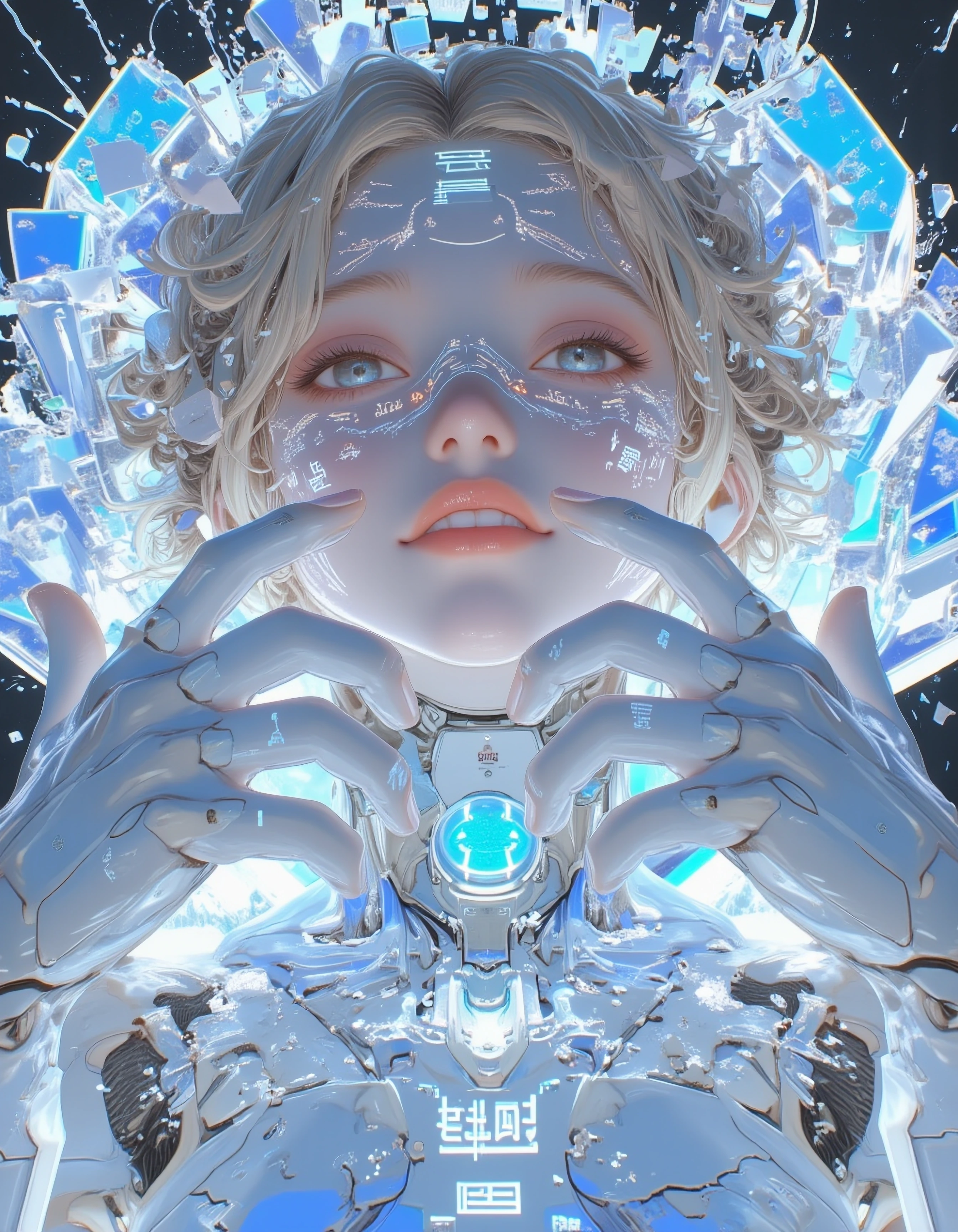 { "visualElements": { "background": { "atmosphere": "ethereal, otherworldly", "elements": [ { "appearance": "reflective, prismatic", "material": "glas