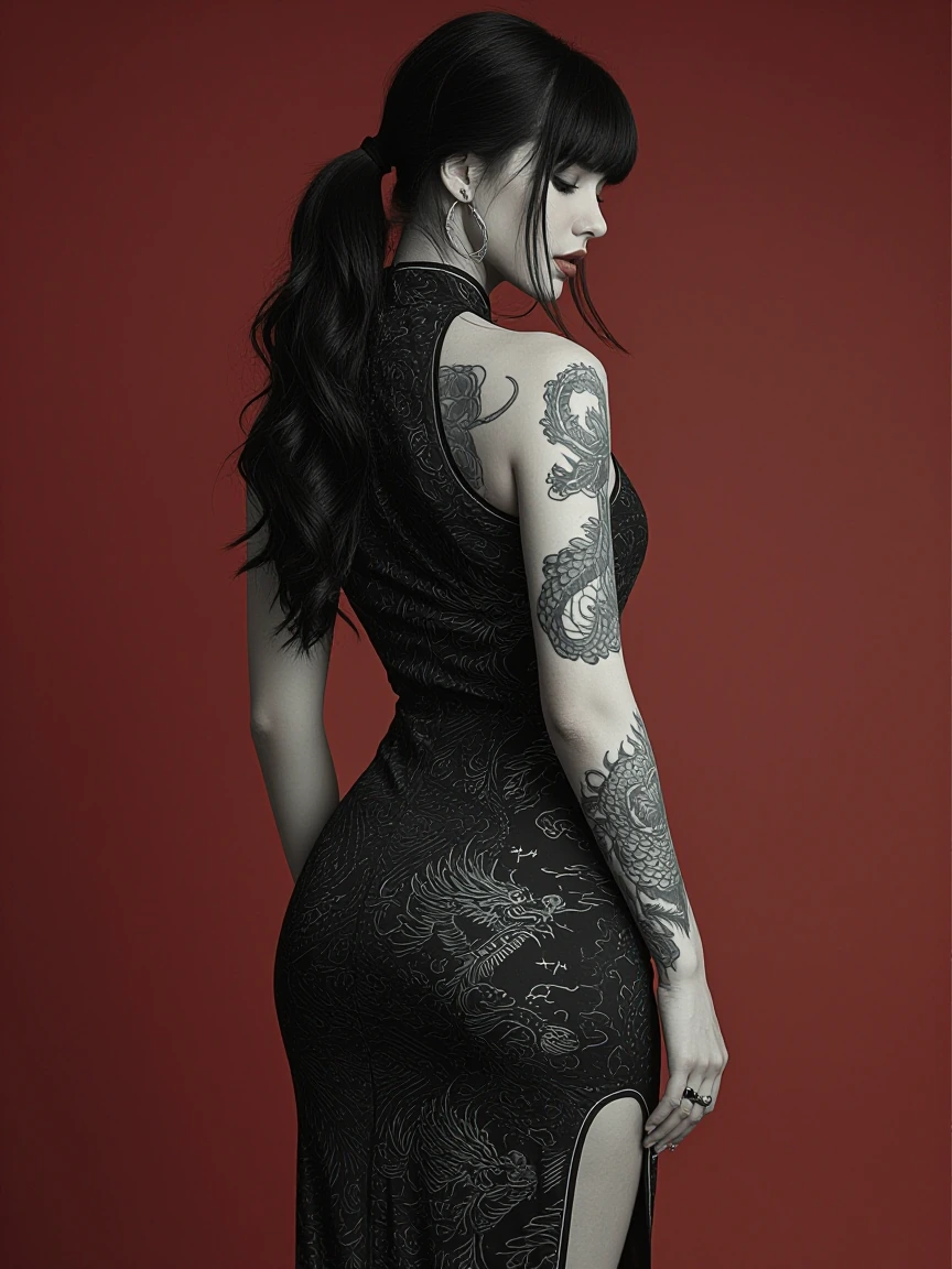 Semi-realism, ma1ma1helmes_b_illu, (masterpiece, best quality, very aesthetic, amazing quality, absurdres, newest),, 1girl, solo, simple background, arm tattoo, black hair, breasts, china dress, chinese clothes, dragon, dress, from behind, highres, l