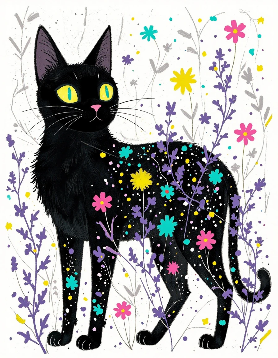 Flat illustration cat flowers artsy colorful lavender black aqua pink yellow