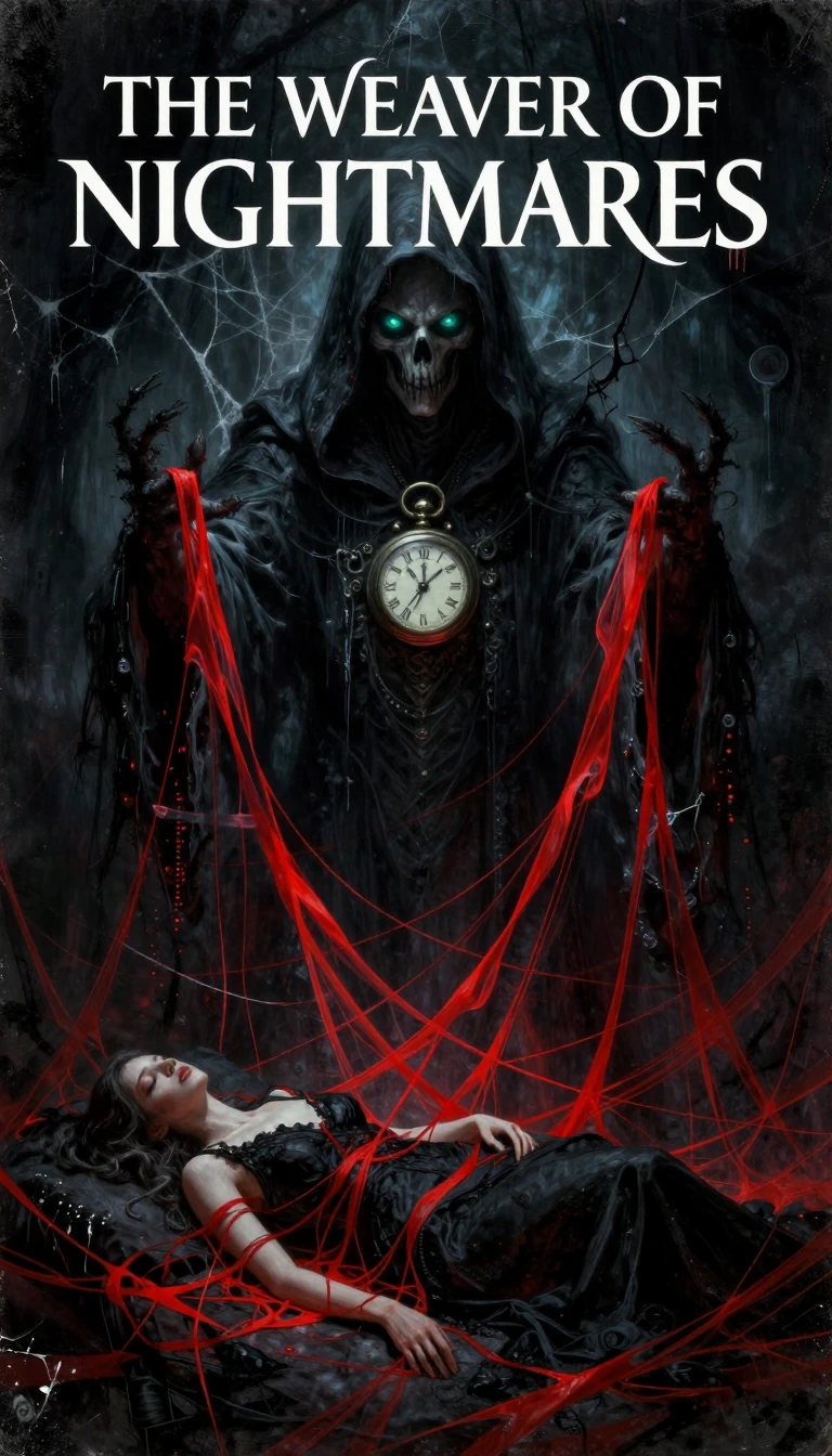 Dark fantasy book cover art titled "THE WEAVER OF NIGHTMARES". In the background, a towering, ominous hooded wraith with a skeletal face and glowing ethereal teal eyes. The wraith is draped in a tattered, cobweb-like cloak and wears an ornate, antiqu