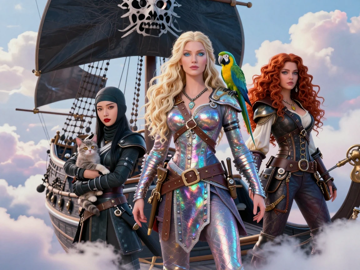 A flying pirate ship, black and pearlescent, whisps of clouds. On the deck, three women. A ninja, Asian features with crimson lips and long black hair. She holds a cat. A viking woman, tall and statuesque, long wavy blonde hair and striking blue eyes