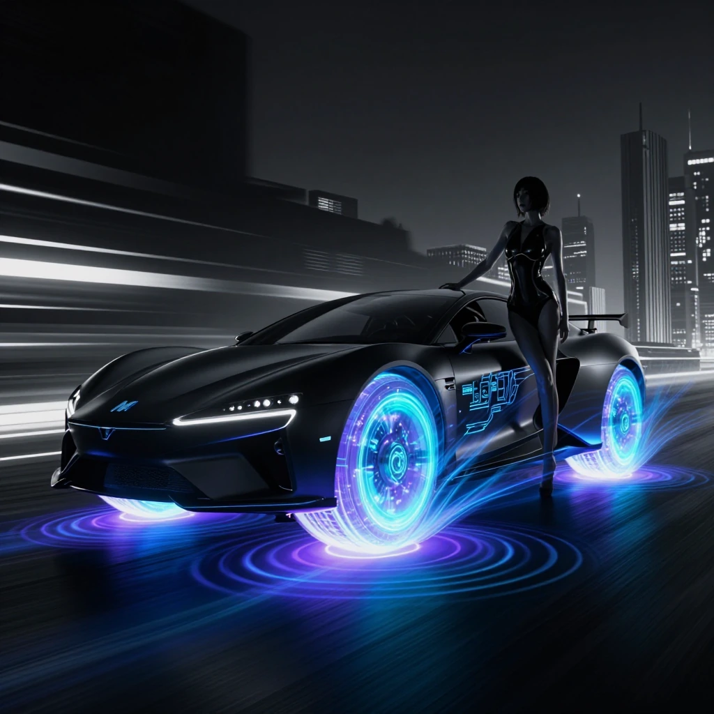 Elegant anime-inspired woman with long legs in sleek futuristic pose, standing beside matte-black hovercar with gleaming M logo, aerodynamic swept des