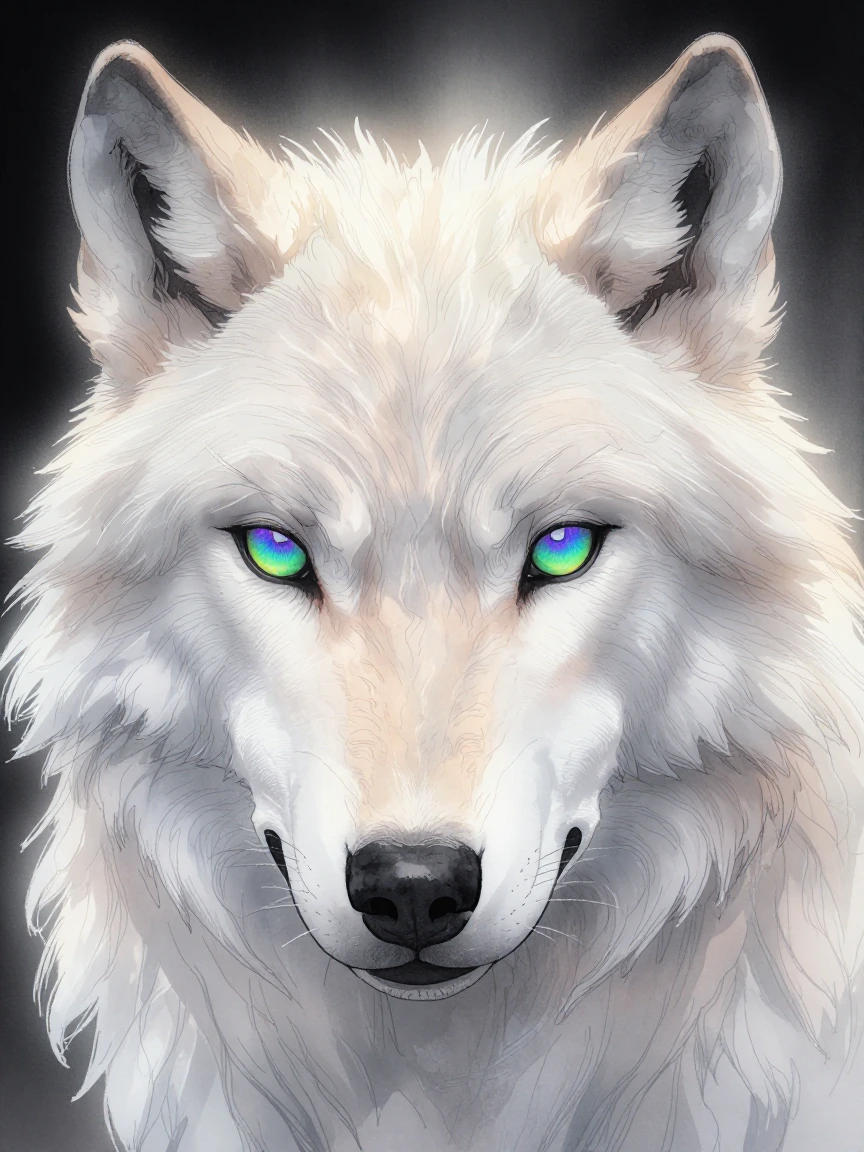 An extreme close-up artistic portrait of a white wolf, focusing on its face and eyes. The fur is rendered in a mix of soft watercolor and fine ink outlines, showing intricate details. The wolf's eyes are glowing with the vibrant, swirling green and v