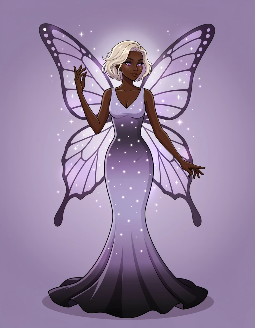 Mystical and dreamy fantasy character illustration in a vertical composition: a dark‑skinned human with butterfly features stands centered against a soft gradient purple background. She wears an elegant, form‑fitting dress that flows at the edges, co