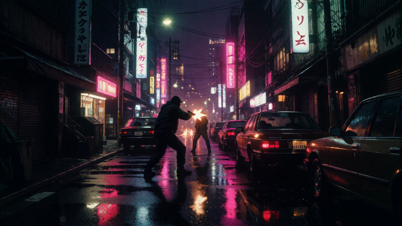 16:9 keyframe, high-grade illustration mixed with raw hand-drawn animation and 90s neo-noir anime style, bold imperfect black outlines, heavy atmospheric grain, --sref 3149306443 1744874945 3636904454 “Shootout in Tokyo.” A tense, cinematic nighttime