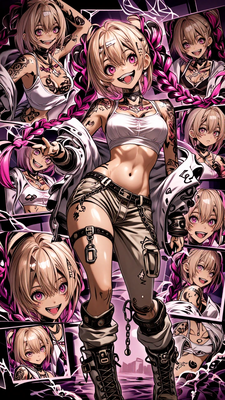 Masterpiece, best quality, ultra-detailed 8K realistic 3D anime render, semi-realistic style with beautiful skin texture and subtle subsurface scattering. Trouble Chaos in the exact same aesthetic and layout as the reference character sheet. Petite 4