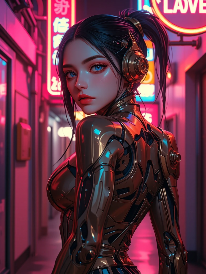 A hyper‑real female humanoid hybrid stands in a neon‑soaked alley at night, her body a seamless fusion of living machinery and warm fantasy brass. Ultra‑detailed textures: flexible mechanical skin with pores, brass musculature that moves like real mu