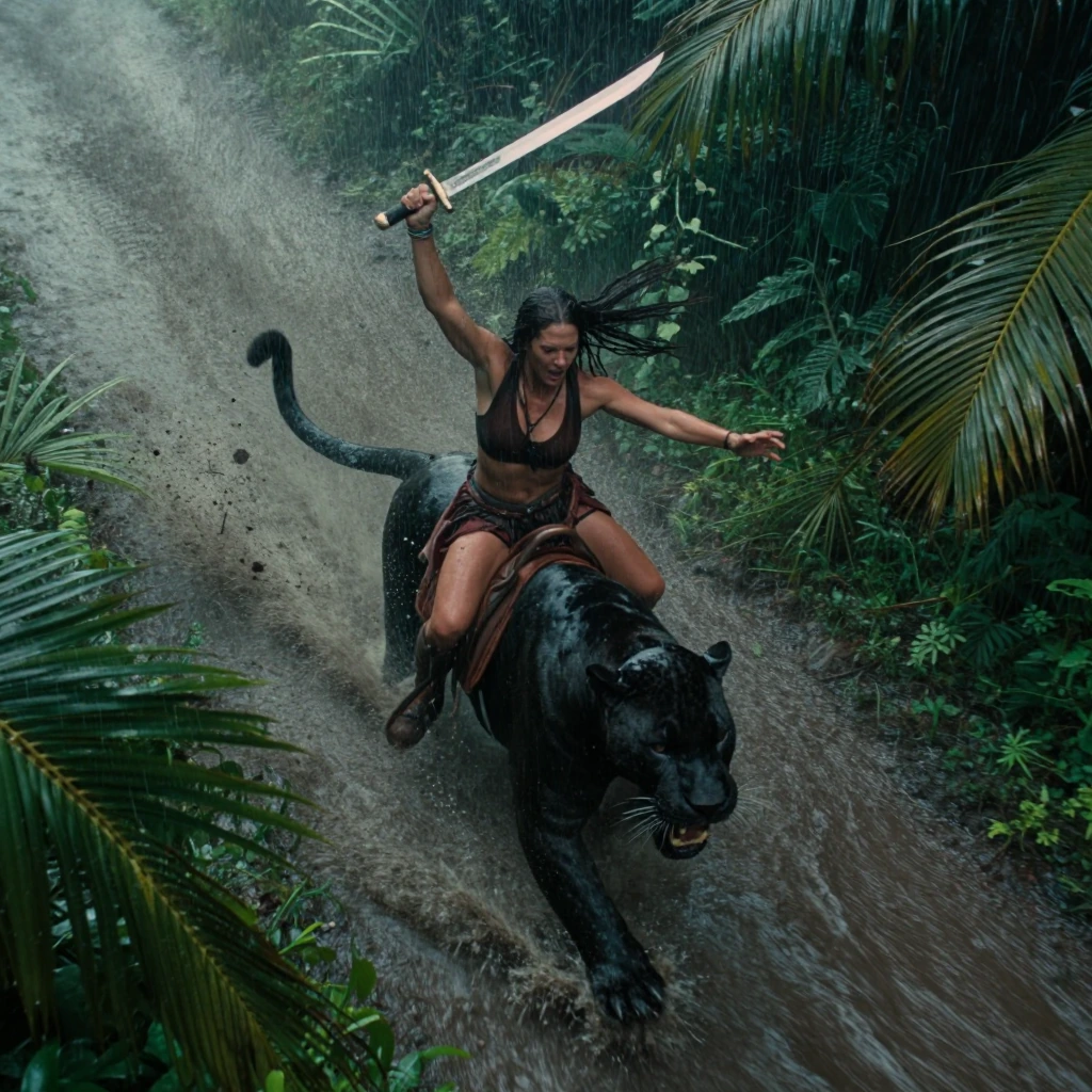 # Jungle Warrior A fierce warrior rides a massive black panther through a torrential downpour, wielding a gleaming blade held high. With muscular arms