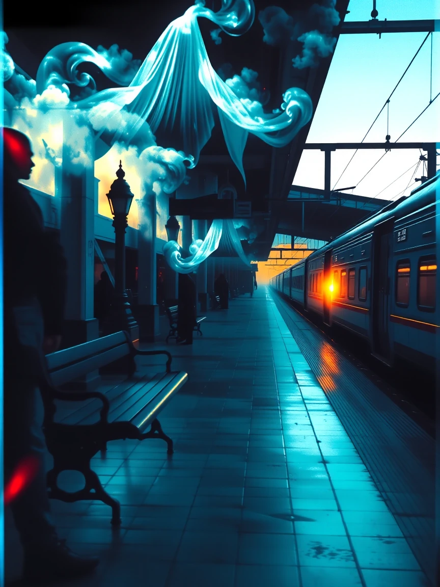 A train station platform bathed in the threshold light of dusk, rendered as a double-exposure photograph: the physical station (iron beams, tiled floor, a single waiting bench) overlaid with a soft, ethereal second image of clouds, floating fabric, a