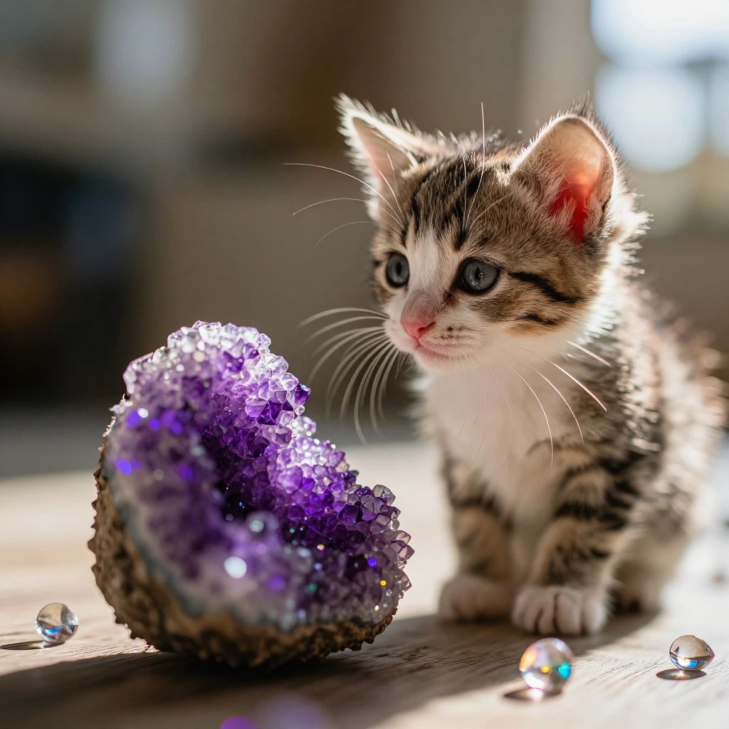 A fluffy tabby kitten gazing at a cluster of glowing amethyst geodes with soft purple light reflecting in its wide eyes, surrounded by scattered rainbow prisms catching golden hour sunlight