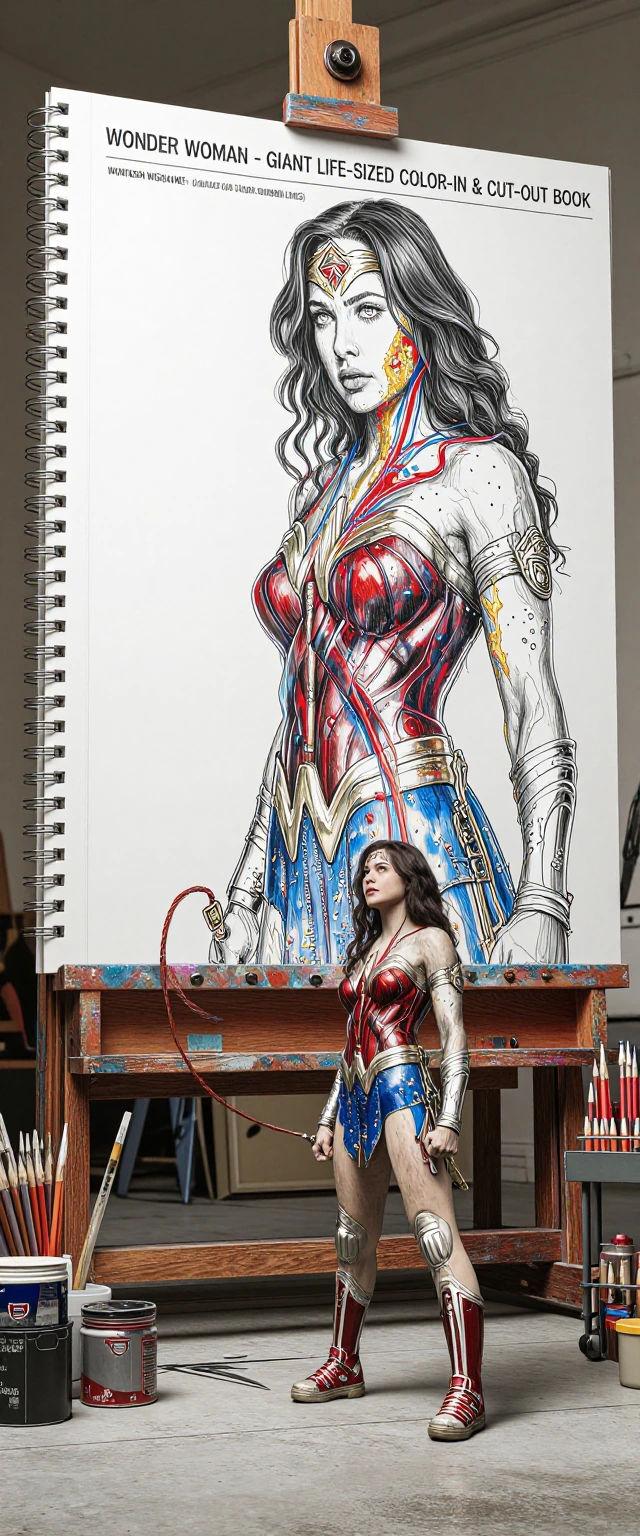 βA vertical photo in a large, rustic art studio. A realistic, full-body human female, with the woman Gadot likeness and movie-accurate Wonder Woman costume, stands in the foreground, before a giant, towering spiral-bound coloring book on a heavy wood