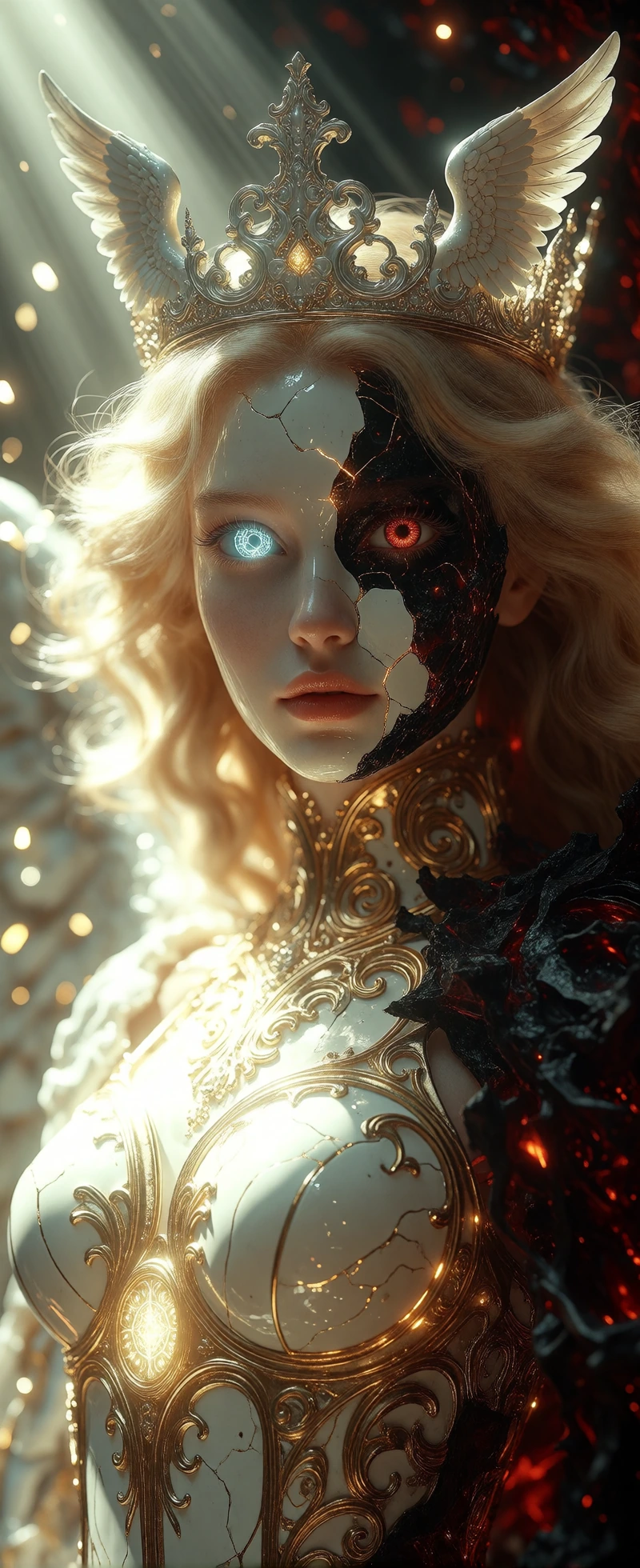 ​A dramatic, high-resolution first-person perspective portrait of a beautiful, cracked-porcelain angel undergoing a violent, internal corruption. She 